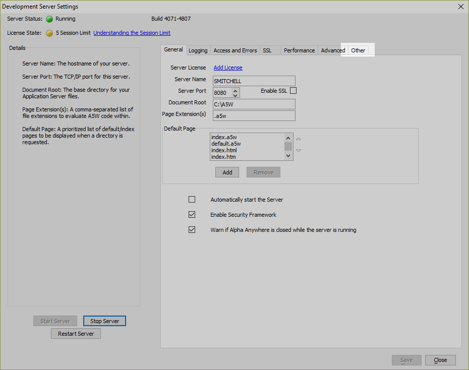 The HTTP Publish settings are on the Other tab in the server settings.